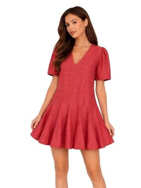 Rhode Resort slubbed silk, pleated minidress. Chili red. Size XS